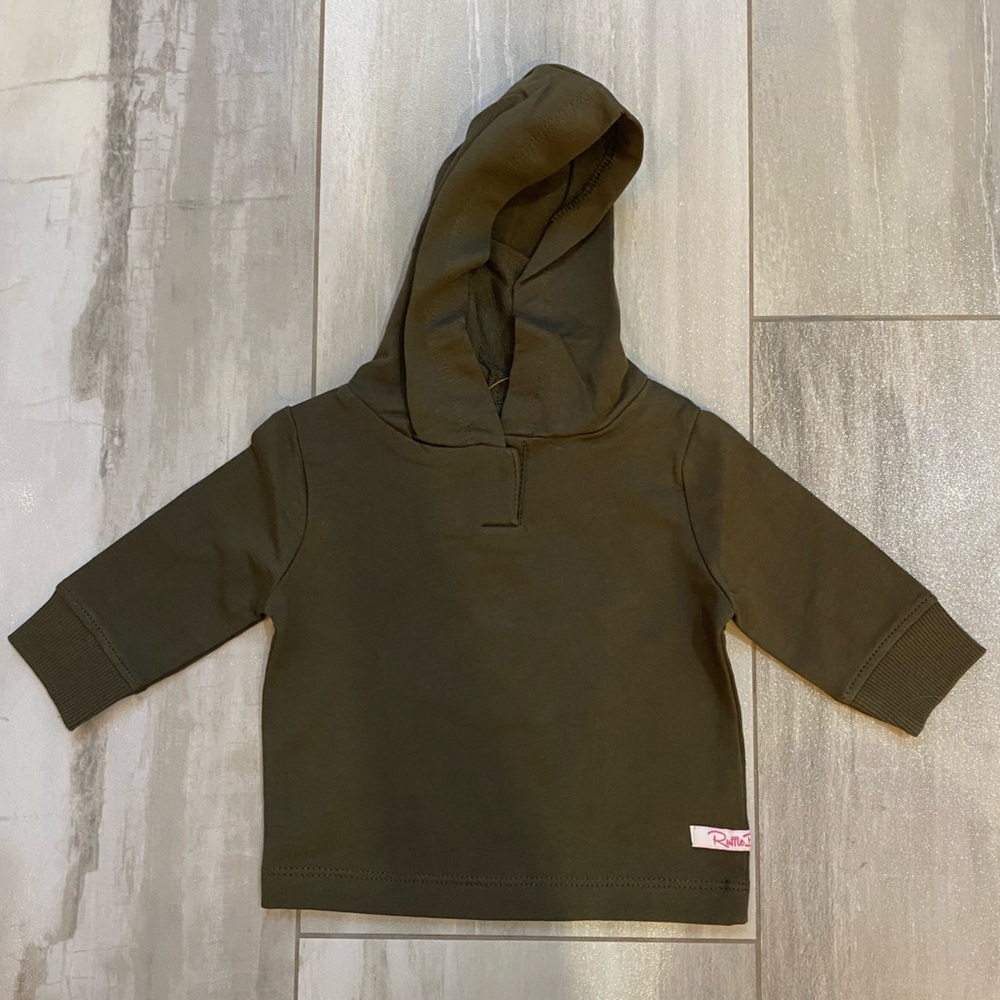 NWT RuffleButts Juniper Army Green Hooded Long Sleeve Sweatshirt, girls 0-3M